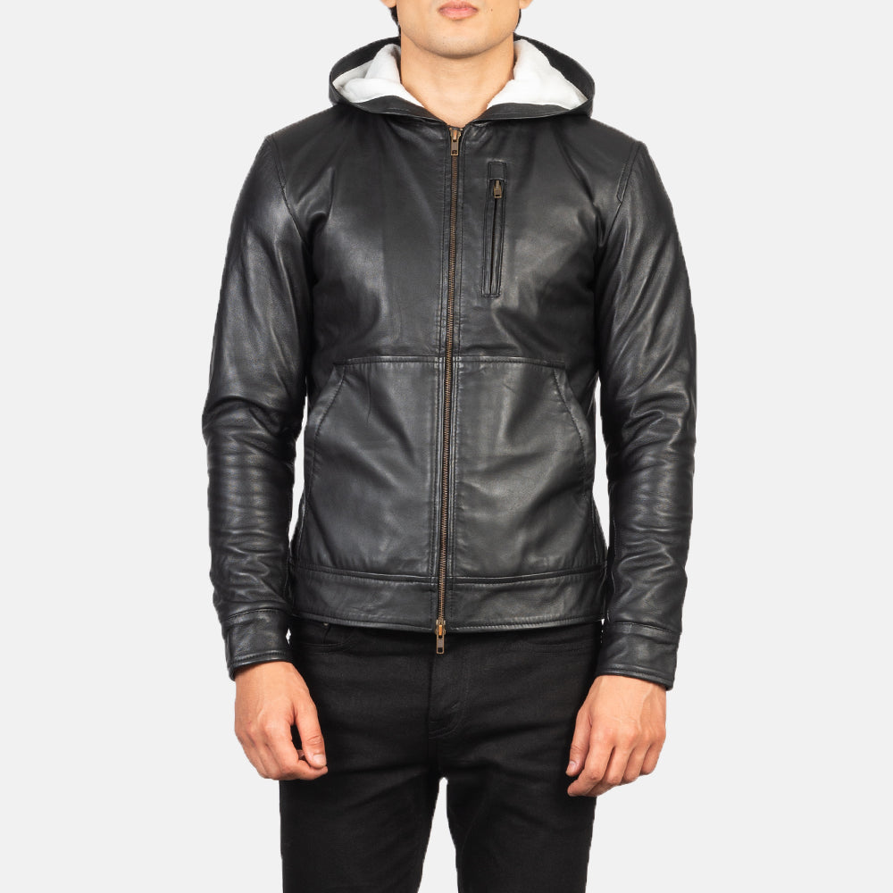 
Detaje nga afër of Hooded & Zipper Hardware on Baston Black Hooded Leather Bomber Jacket