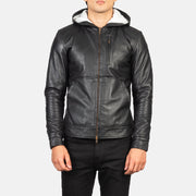 
Detaje nga afër of Hooded & Zipper Hardware on Baston Black Hooded Leather Bomber Jacket