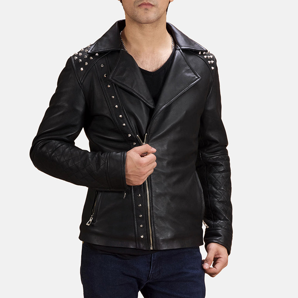 Men's Black Studded Leather Biker Jacket in Black Sheepskin Leather - Front Profile View &amp; Tailored Silhouette | Buy Online