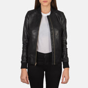 Women's Bliss Black Leather Bomber Jacket in Black Sheepskin Leather - Front Profile View &amp; Tailored Silhouette | Buy Online