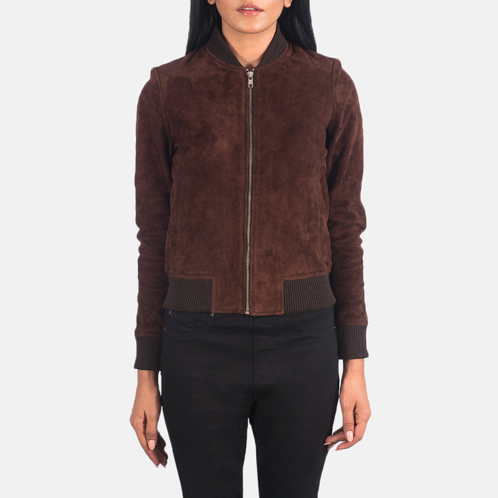 Close-Up Detail of Varsity - Rib Knit &amp; Zipper with Wind Flap Hardware on Women's Bliss Brown Suede Bomber Jacket