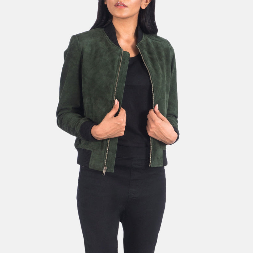 Bliss Green Suede Xhaketë bomber lëkure për femra