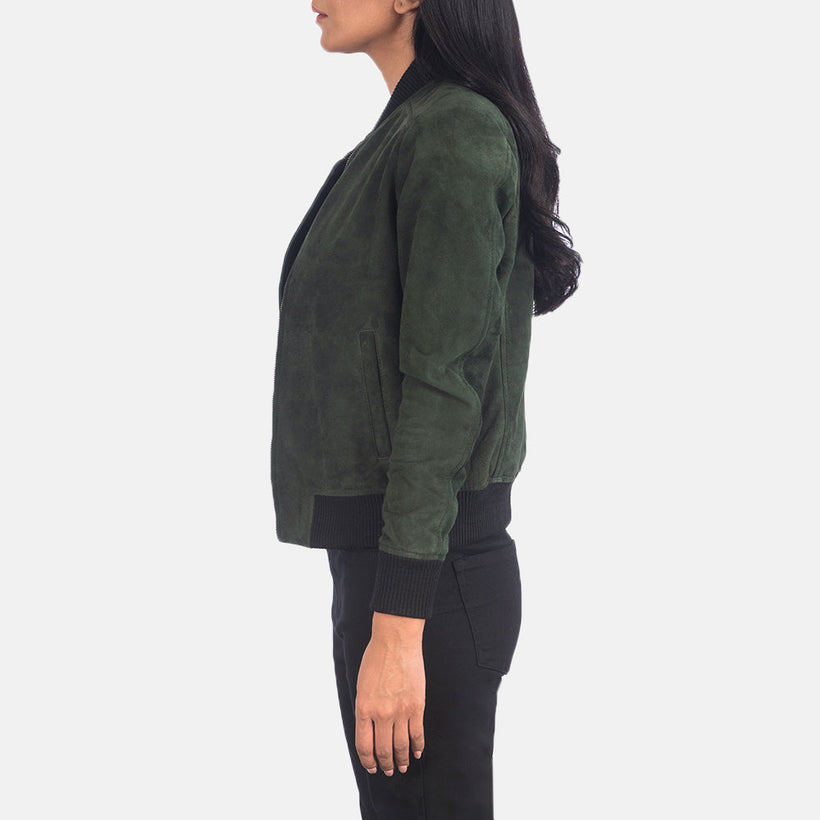 Bliss Green Suede Xhaketë bomber lëkure për femra