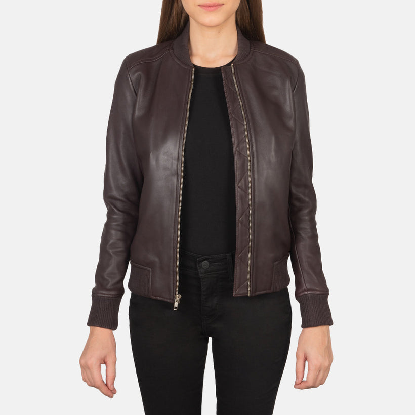 Bliss Maroon Xhaketë bomber lëkure për femra