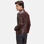 
Maroon Sheepskin Leather Biker Jacket - Pamje e pasme me supe të theksuara dhe buzë të pastër