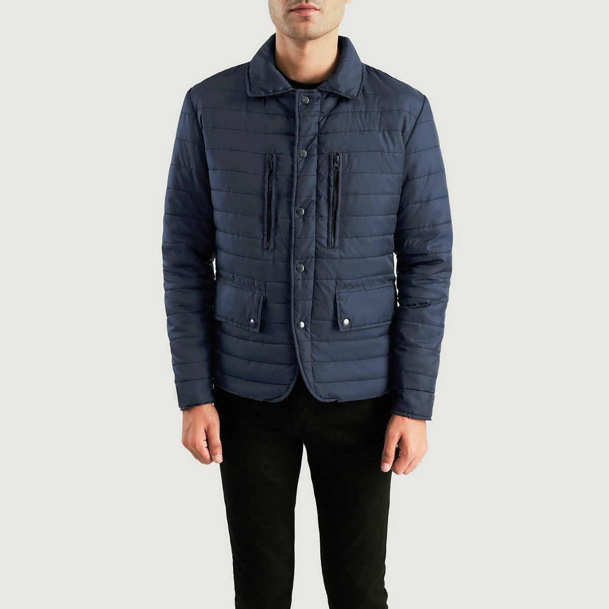 Bo Quilt Windbreaker Xhaketë lëkure për meshkuj - Lateral Side Profile View Showing Sleeve Cut &amp; Athletic Taper Fit