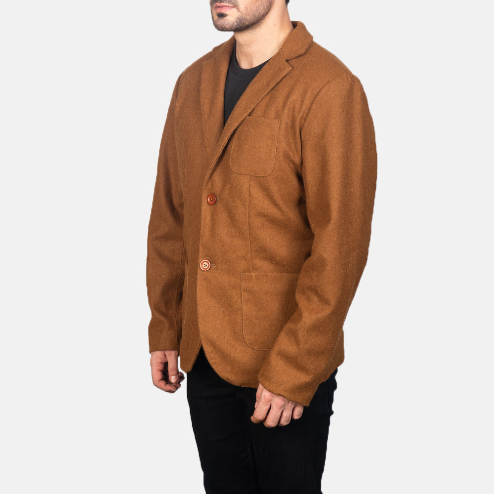 
Khaki Synthetic Wool Leather Blazer - Pamje e pasme me supe të theksuara dhe buzë të pastër