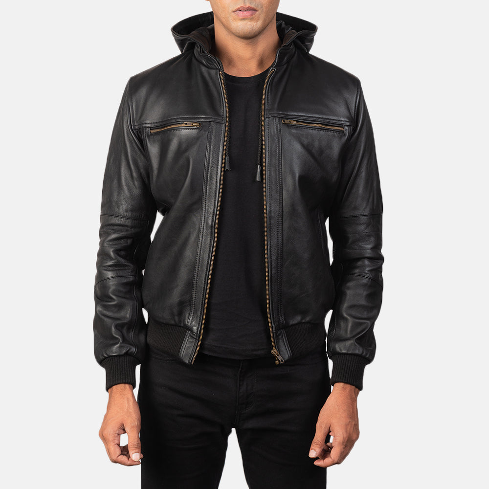 
Bouncer Biz Black Leather Hooded Bomber Jacket in Black Cowhide Leather - Pamje ballore dhe siluetë e përshtatur | Bli online