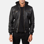 
Bouncer Biz Black Leather Hooded Bomber Jacket in Black Cowhide Leather - Pamje ballore dhe siluetë e përshtatur | Bli online