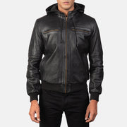
Bouncer Biz Black Leather Hooded Bomber Jacket - Pamje anësore me prerje ergonomike të mëngëve