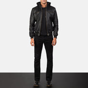 
Detaje nga afër of Band & Zipper Hardware on Bouncer Biz Black Leather Hooded Bomber Jacket