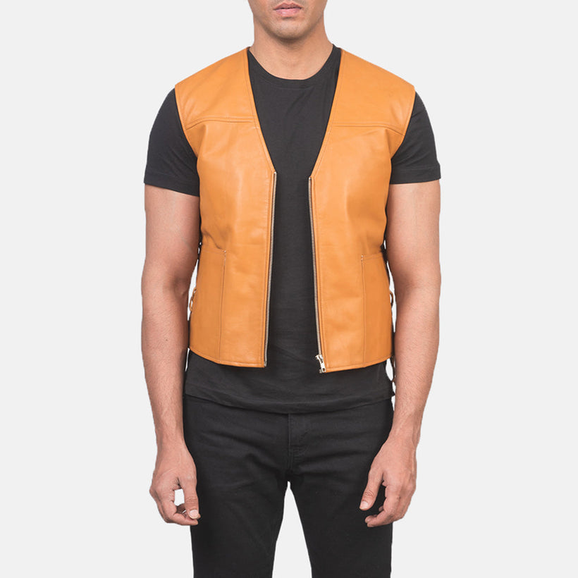 Brandon Tan Kafe Leather Vest për meshkuj
