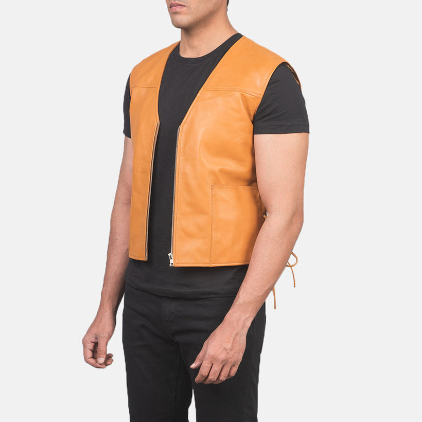 Brandon Tan Kafe Leather Vest për meshkuj