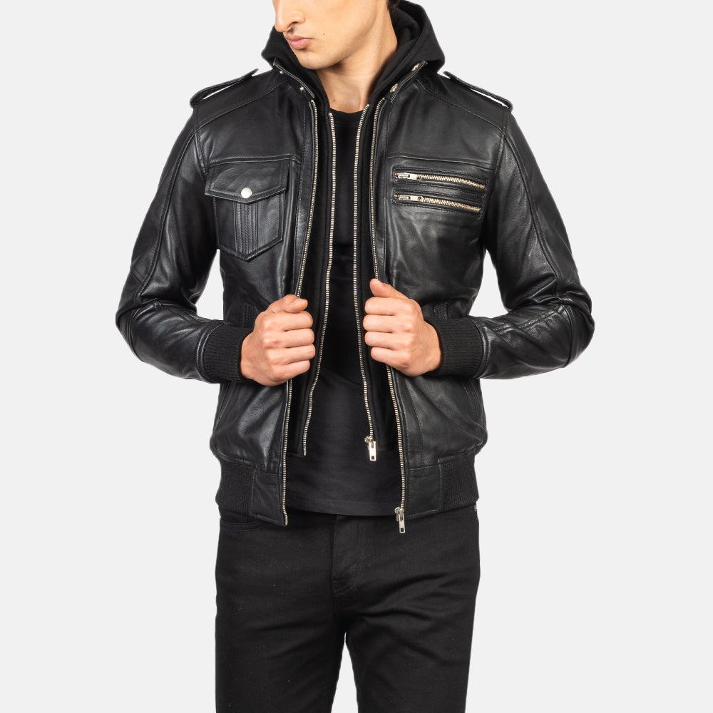 
Bravado Black Hooded Leather Bomber Jacket in Black Sheepskin Leather - Pamje ballore dhe siluetë e përshtatur | Bli online