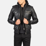 
Bravado Black Hooded Leather Bomber Jacket in Black Sheepskin Leather - Pamje ballore dhe siluetë e përshtatur | Bli online