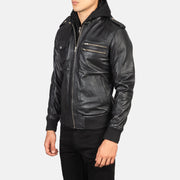 
Black Sheepskin Leather Bomber Jacket - Pamje e pasme me supe të theksuara dhe buzë të pastër