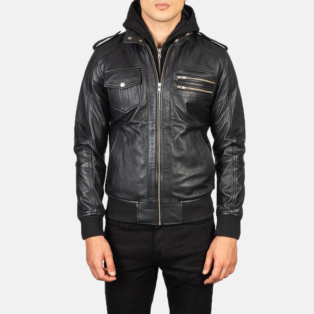 
Detaje nga afër of High Neck & Zipper Hardware on Bravado Black Hooded Leather Bomber Jacket