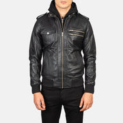 
Detaje nga afër of High Neck & Zipper Hardware on Bravado Black Hooded Leather Bomber Jacket