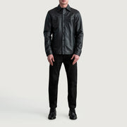 
Detaje nga afër of Shirt & Buttons Hardware on Bronco E zezë Leather Shirt për Meshkuj