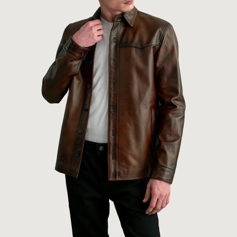 Bronco Distressed Kafe Leather Shirt për Meshkuj