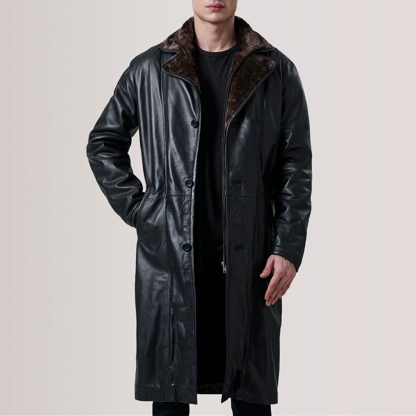 Cai E zezë Leather Shearling Coat për meshkuj
