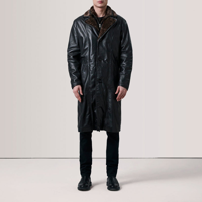 Cai E zezë Leather Shearling Coat për meshkuj