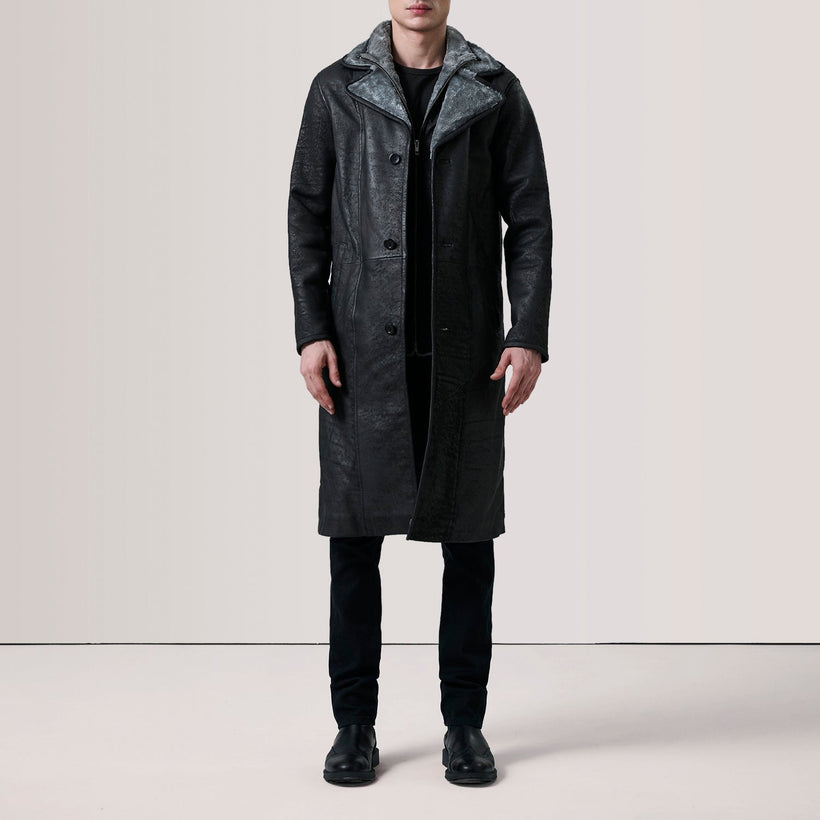 Cai Distressed E zezë Leather Shearling Coat për meshkuj