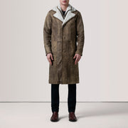 
Distressed Brown Sheepskin Snuffed Aviator Jacket - Pamje e pasme me supe të theksuara dhe buzë të pastër