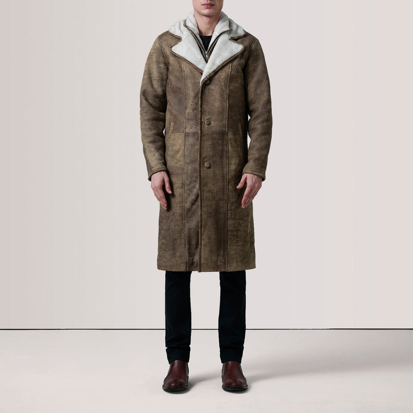 Cai Distressed Kafe Leather Shearling Coat për meshkuj
