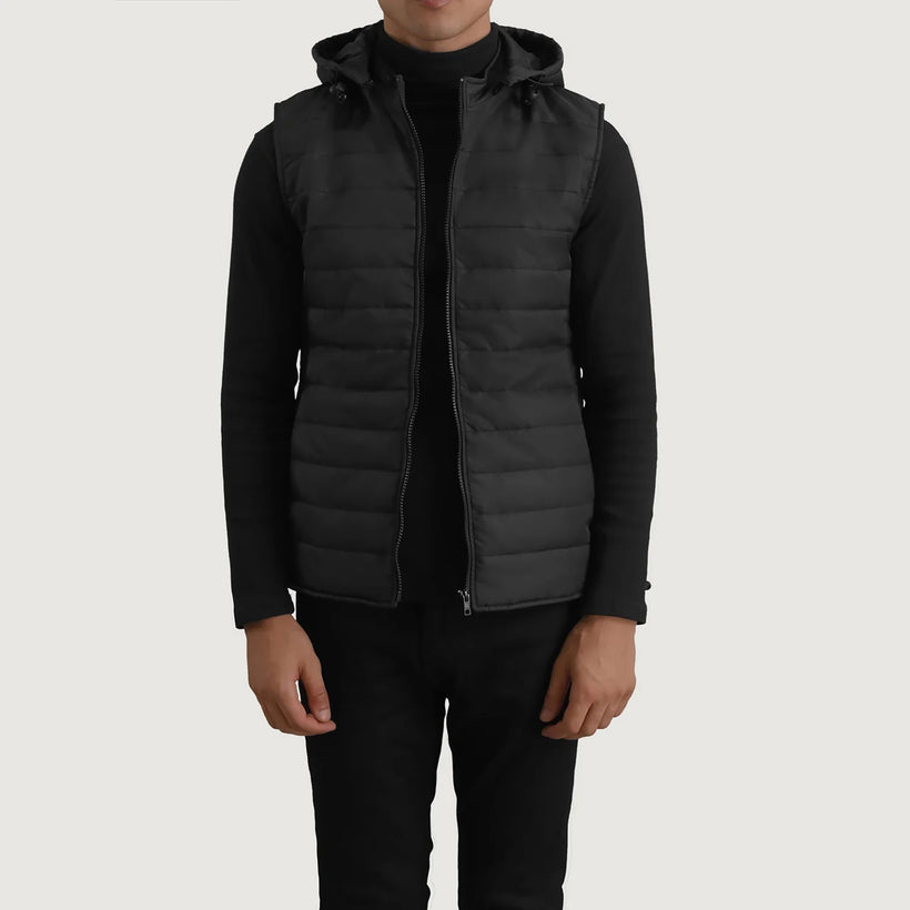 Carlo E zezë Hooded Puffer Vest për meshkuj