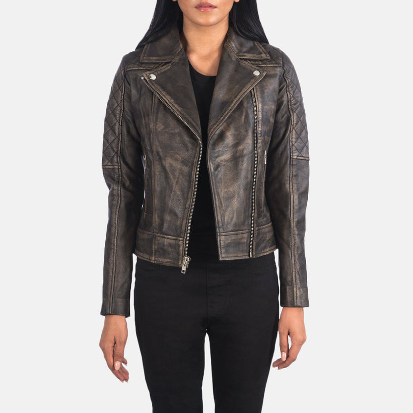 Carolyn Quilted Distressed Kafe Xhaketë lëkure motorri për femra