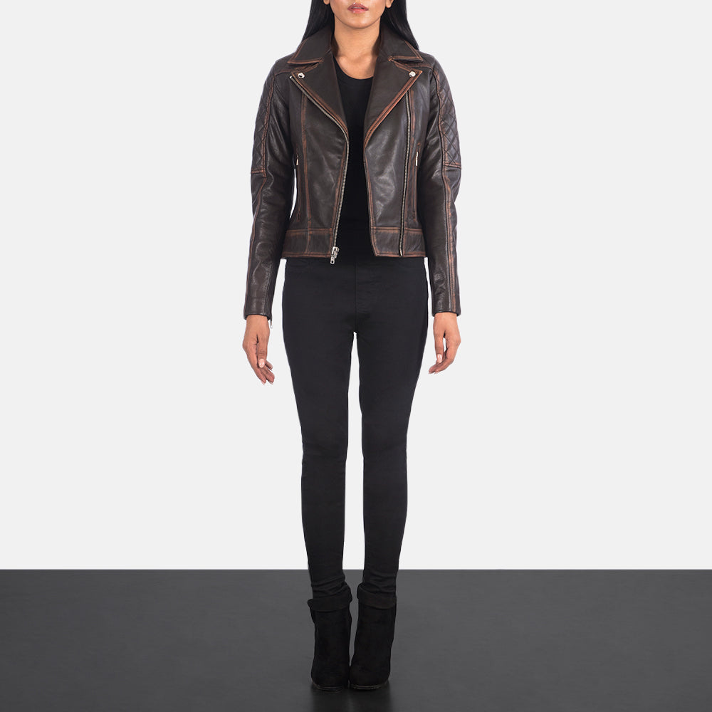 
Carolyn Quilted Vintage Brown Biker Jacket - Pamje anësore me prerje ergonomike të mëngëve