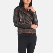 
Detaje nga afër of Notch & Zipper Hardware on Carolyn Quilted Vintage Brown Biker Jacket