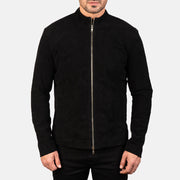 Close-Up Detail of Mandarin &amp; Zipper with Dual Puller Hardware on Men's Charcoal Black Suede Biker Jacket