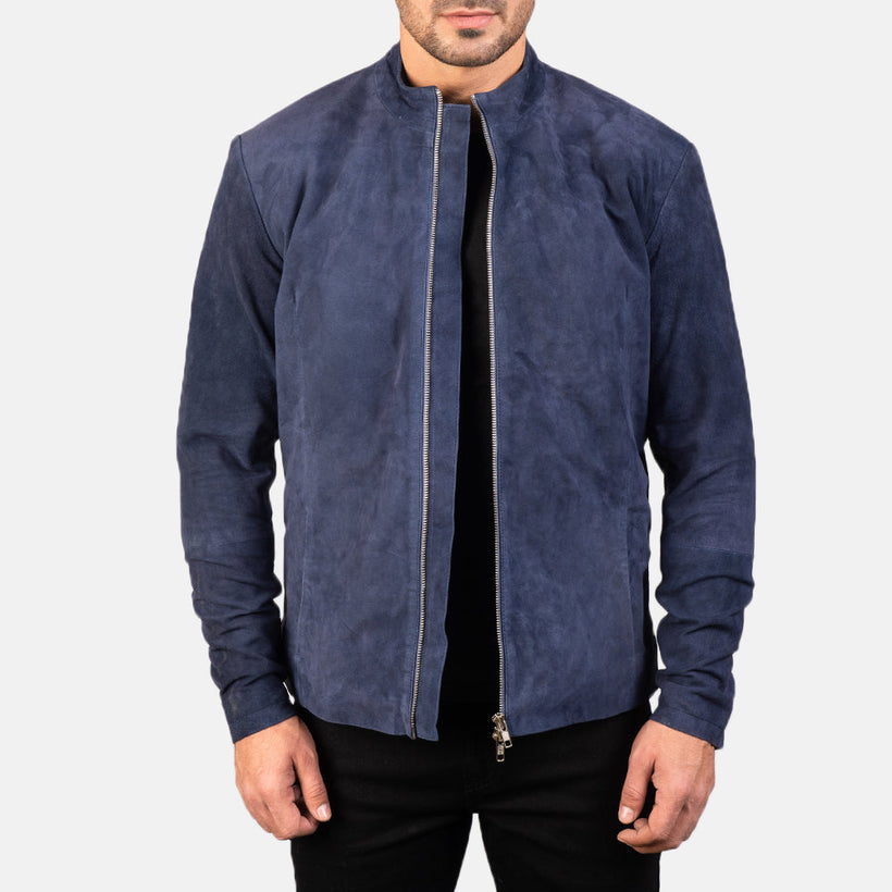 Charcoal Navy Blue Suede Xhaketë lëkure motorri për meshkuj