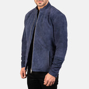
Navy Blue Goatskin Suede Biker Jacket - Pamje e pasme me supe të theksuara dhe buzë të pastër
