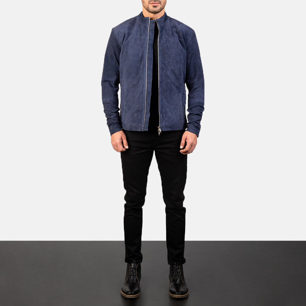 
Charcoal Navy Blu Suede Xhaketë Motociklisti Lëkure për Meshkuj - Pamje anësore me prerje ergonomike të mëngëve