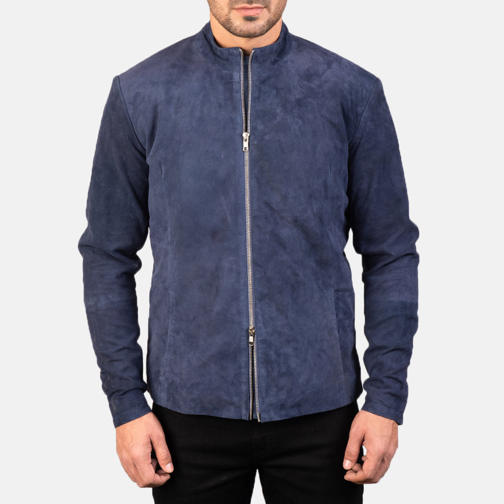 
Detaje nga afër of Mandarin & Zipper with Dual Puller Hardware on Charcoal Navy Blu Suede Xhaketë Motociklisti Lëkure për Meshkuj