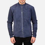 
Detaje nga afër of Mandarin & Zipper with Dual Puller Hardware on Charcoal Navy Blu Suede Xhaketë Motociklisti Lëkure për Meshkuj