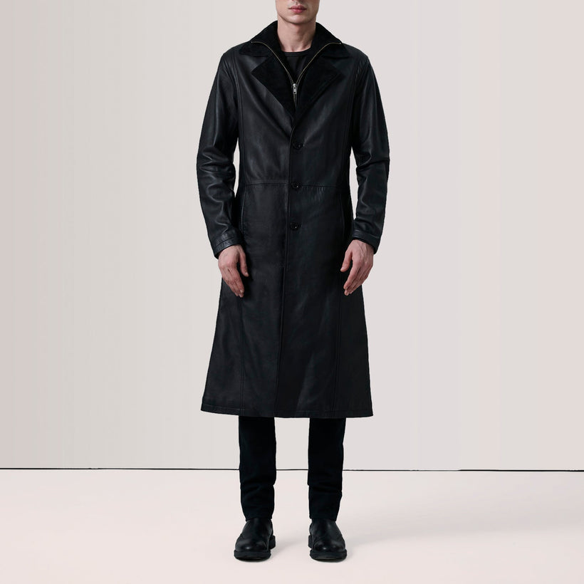 Charlton E zezë Leather Single Breasted Coat për meshkuj