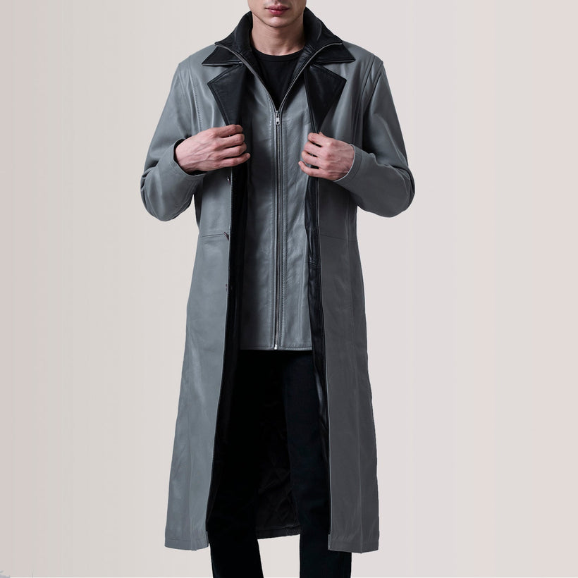 Charlton Grey Leather Single Breasted Coat për meshkuj