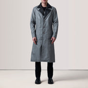 
Grey Sheepskin leather Coat - Pamje e pasme me supe të theksuara dhe buzë të pastër