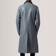 
Detaje nga afër of Notch & Button Hardware on Charlton Grey Leather Single Breasted Pallto Lëkure për Meshkuj For Men
