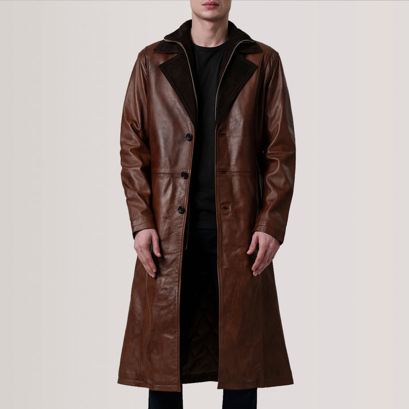 Charlton Waxed Kafe Leather Single Breasted Coat për meshkuj