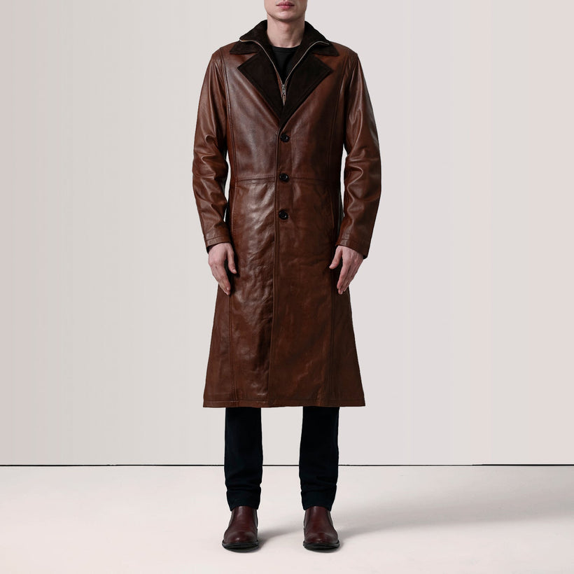 Charlton Waxed Kafe Leather Single Breasted Coat për meshkuj