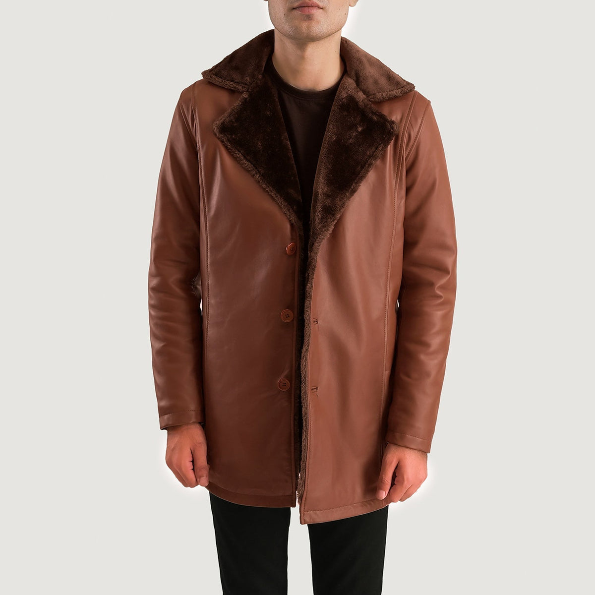 
Detaje nga afër of Shirt & Button Hardware on Cinnamon Kafe Leather Fur Pallto Lëkure për Meshkuj