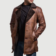 
Distressed Brown Sheepskin Burnishing Winter Jacket - Pamje e pasme me supe të theksuara dhe buzë të pastër