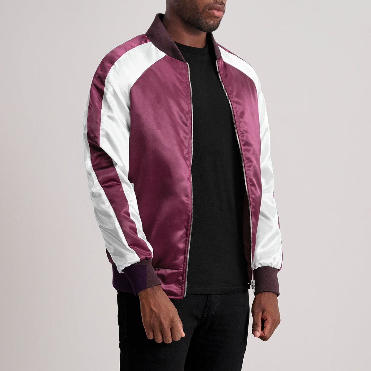 
Maroon & White Satin Aviator Jacket - Pamje e pasme me supe të theksuara dhe buzë të pastër