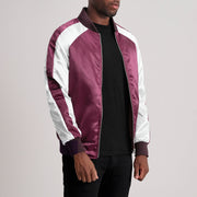 
Maroon & White Satin Aviator Jacket - Pamje e pasme me supe të theksuara dhe buzë të pastër