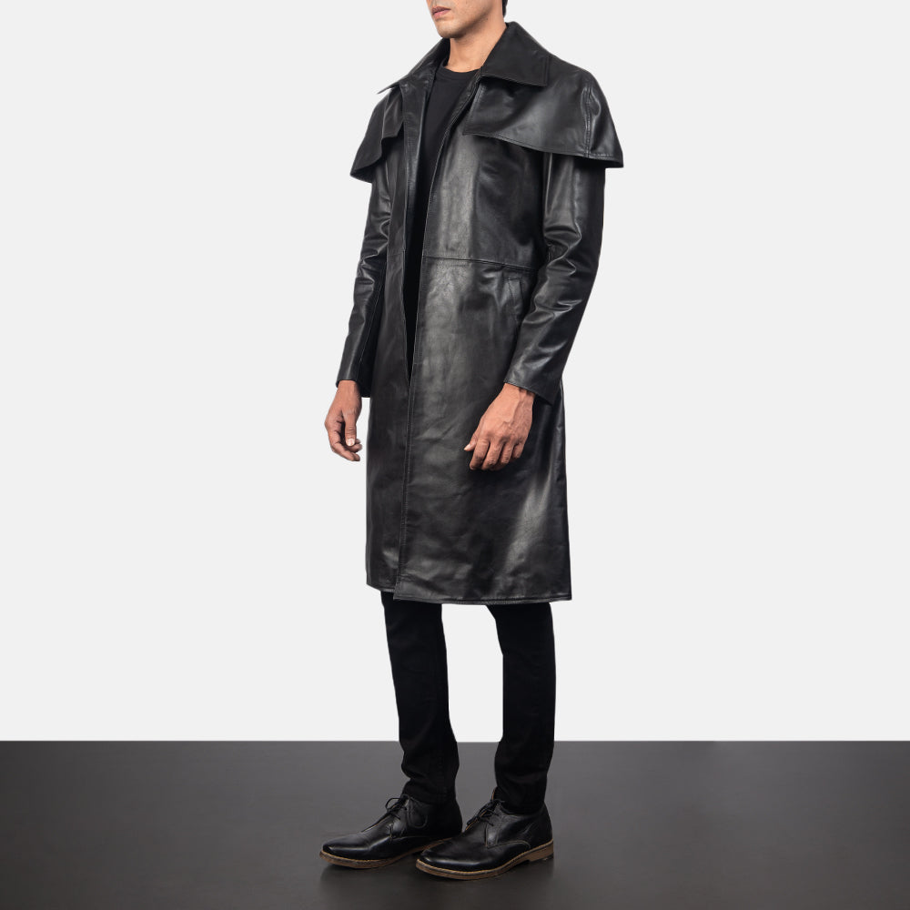 
Black Cowhide Leather Trench Coat - Pamje e pasme me supe të theksuara dhe buzë të pastër